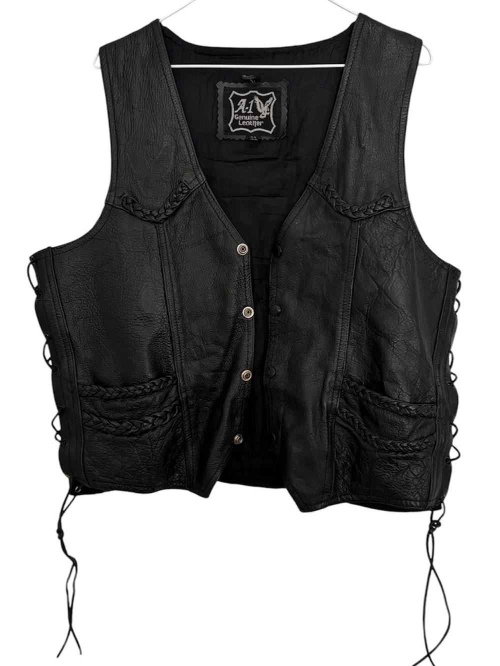 A-1 Genuine Leather Black Braided Vest Harley Davidson back patch. Size 42.